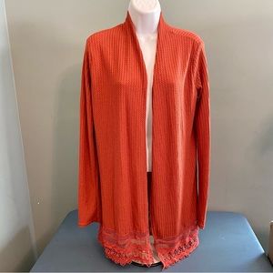 NWT Mark Edwards Apparel Waffle Knit Boho Open Cardigan Lace Trim Cinnabarr Sz M